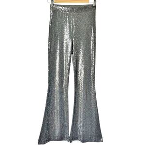 Forever 21 Size XS Silver Disco Sequin Mesh Flare Leg Pull On Retro Pants